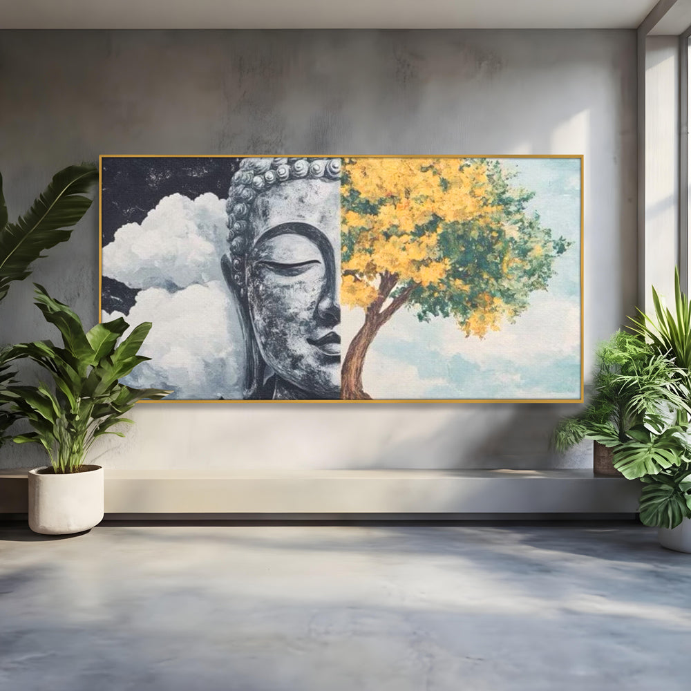 Tablou canvas cu tablou canvas cu buddha si copac, in rama de aluminiu auriu